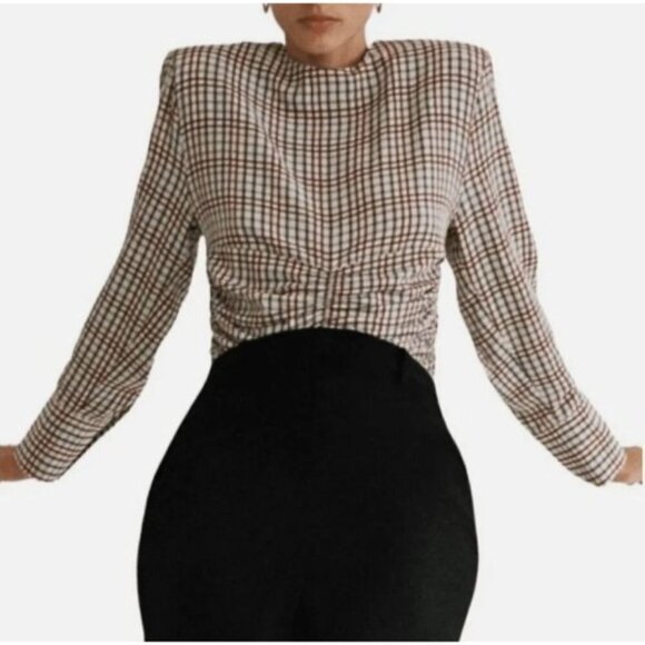 Zara‎ Plaid Cropped Top Size L Preppy Dark Academia Ruched Office Scalloped Hem - Picture 2 of 12